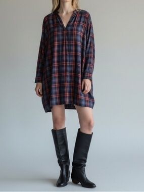 LOGG H&M Ted Blue Plaid Button-Up Tunic shirt dress cabincore ski resort lodge